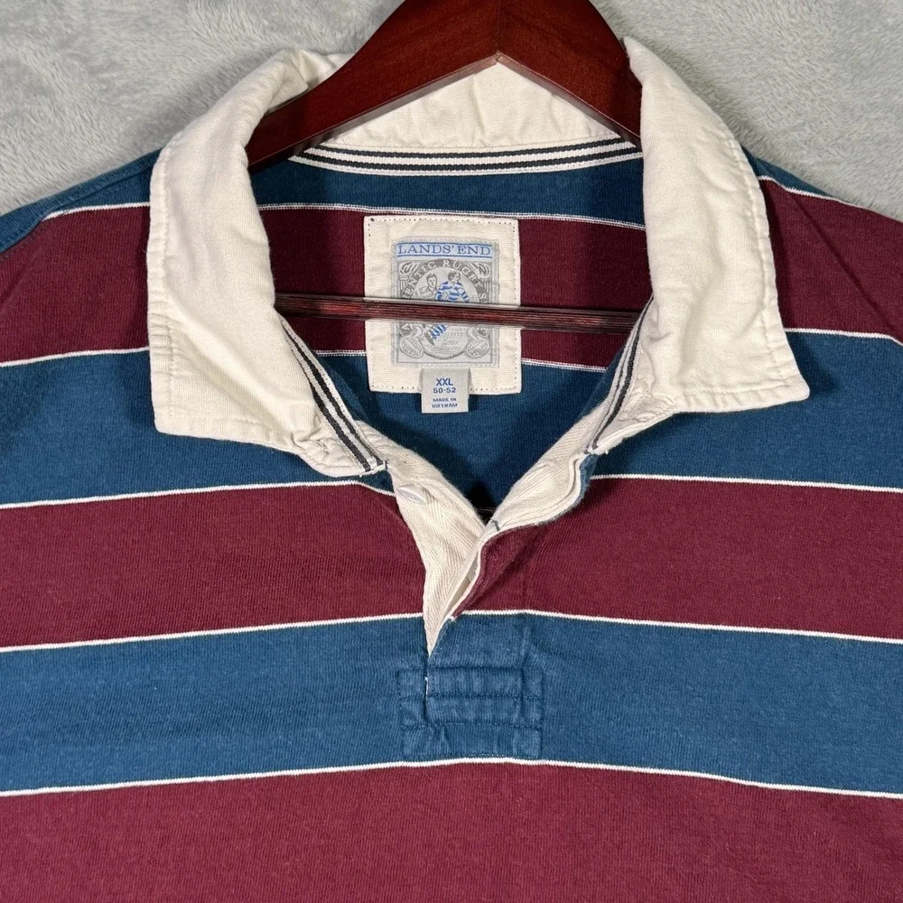Lands' End Rugby Polo‎ Shirt Mens 2XL Maroon Blue Stripe Long Sleeve Cotton